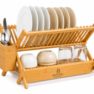 BRIVOORA 2-Tier Bamboo Dish Drying Rack with Utensil Holder & Collapsible Drainer