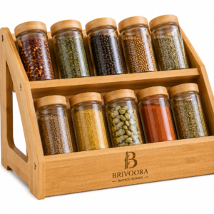 BRIVOORA Bamboo Spice Rack Organizer with 10 Glass Jars & Labels